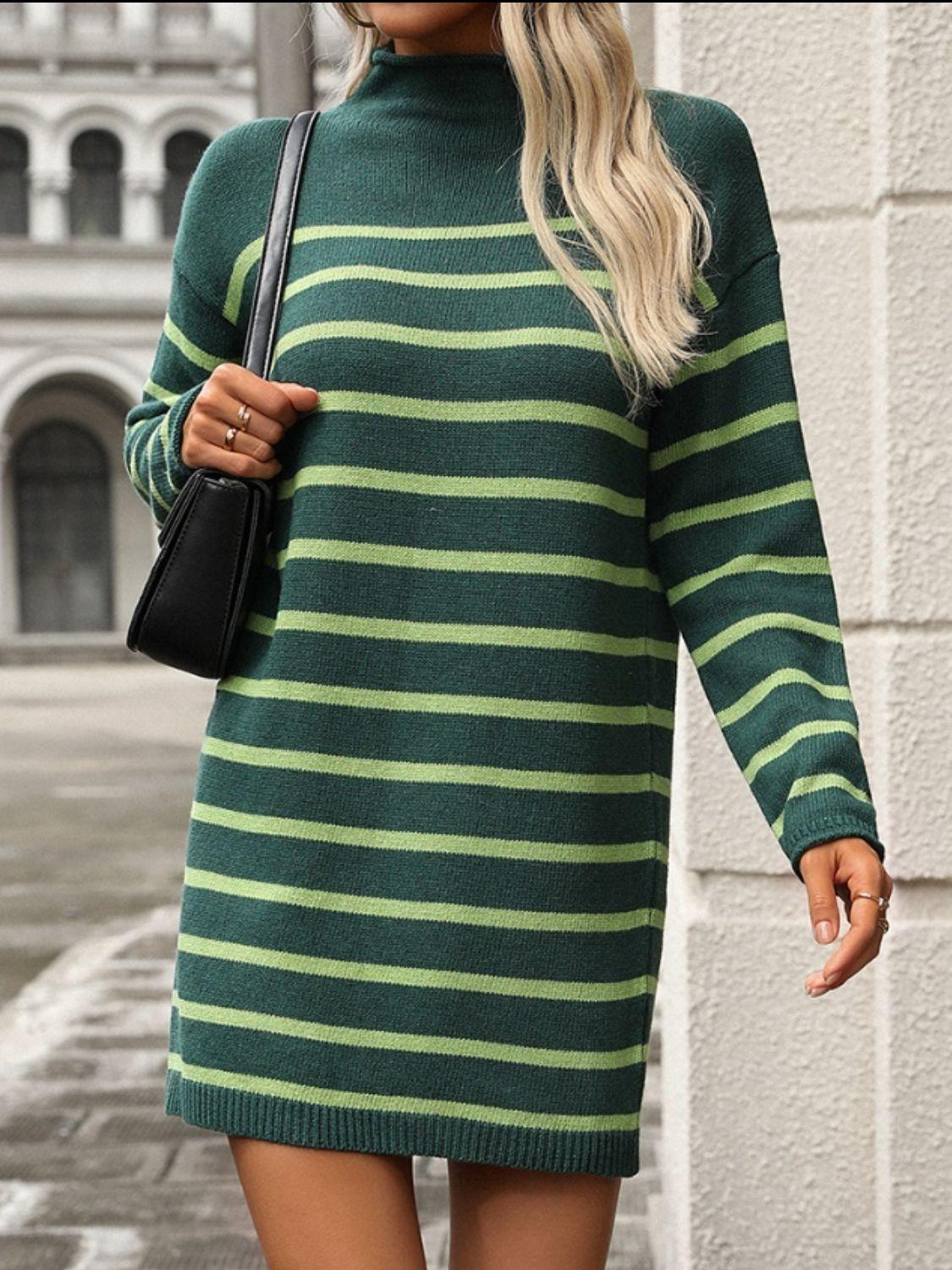 Striped Knit Mini Dress Mock Neck Long Sleeve Dark Green ae0f5a9b-d5a3-4bab-872e-2c44ec531811-Max Trendsi
