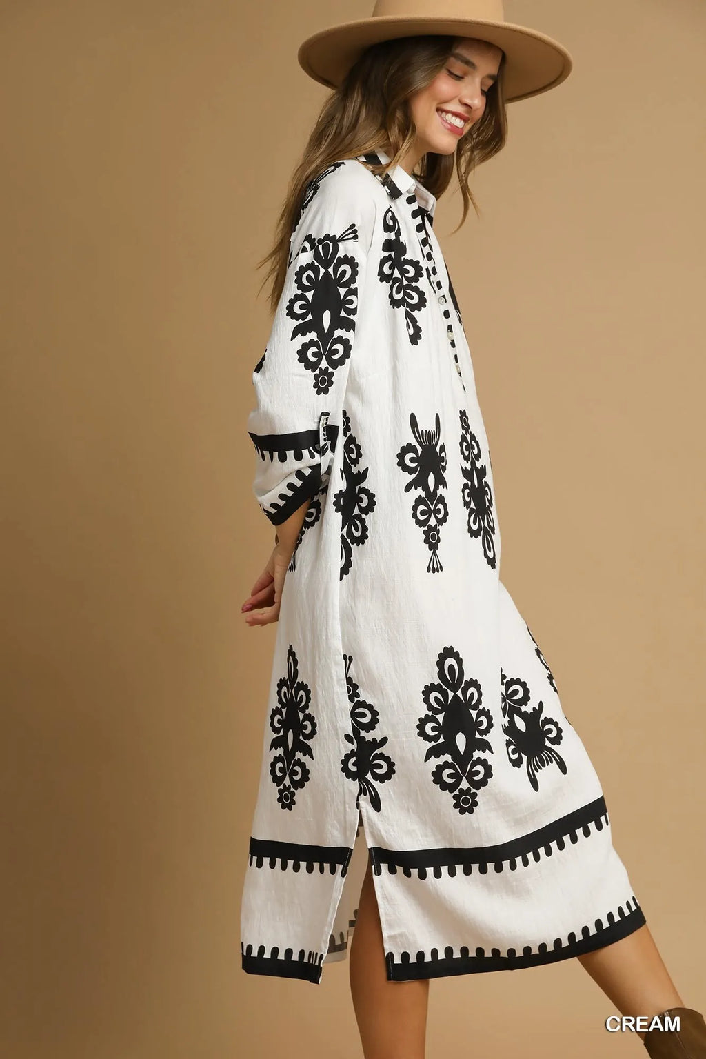 Umgee Midi Dress Cream Black Abstract Print Buttoned Short Sleeve ae111081-af28-4a64-9579-036f9017419d-Max-Origin Trendsi