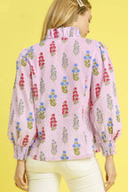 Umgee Women's Shirt Floral Blush Pink Lantern Sleeve Ruffle V Neck Top ae167725-695b-4092-b01e-4df99e882377-Max-Origin Trendsi