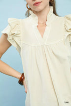 Umgee Blouse Textured Tan Ruffled Short Sleeve Top ae1c6f34-35c6-477f-8183-eb7193a0c5f6-Max-Origin Trendsi