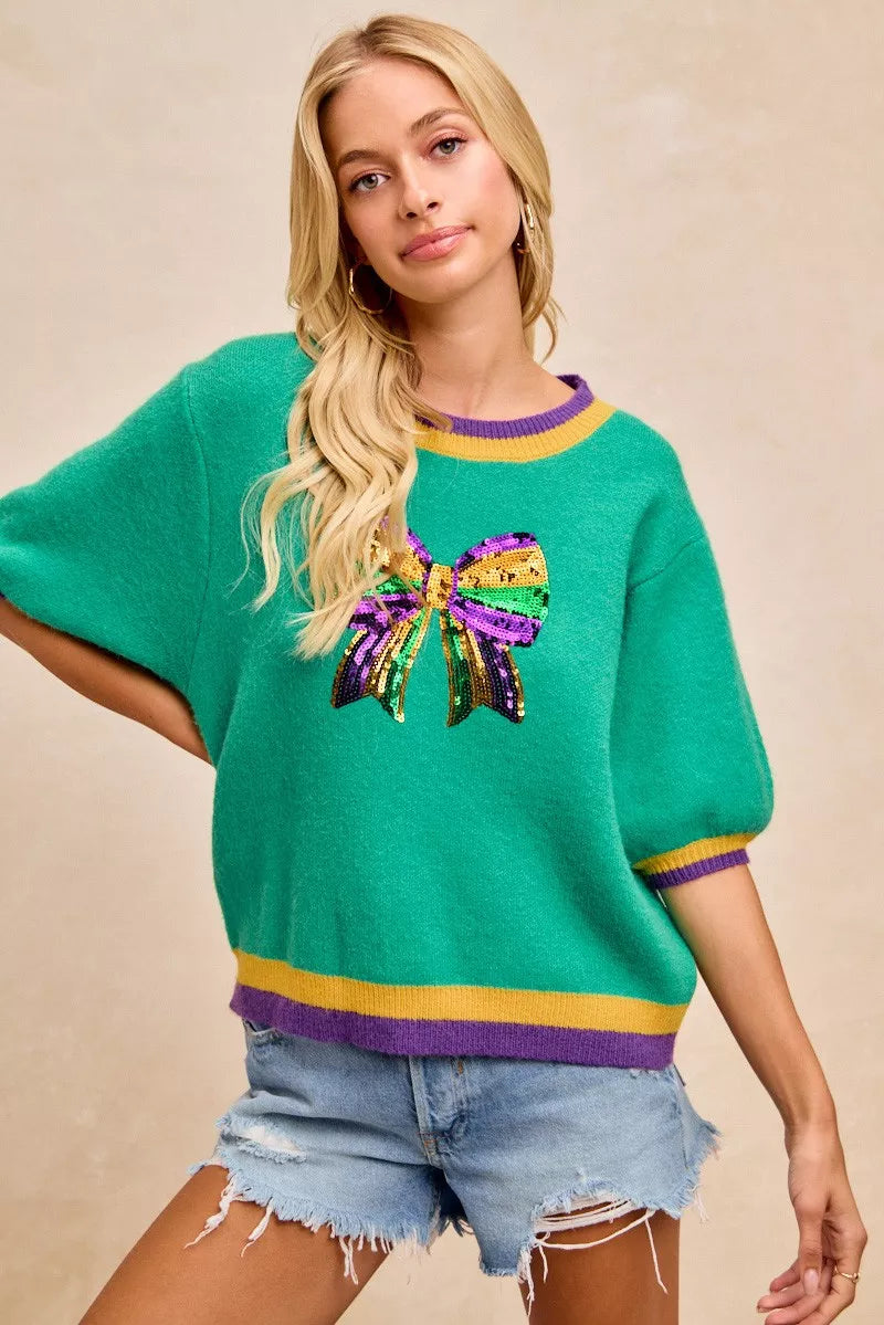 BiBi Sweater Green Mardi Gras Sequin Ribbon Patched Short Sleeve ae1fcd91021e4f728bb740bb6b8aebe7-Max-Origin Trendsi