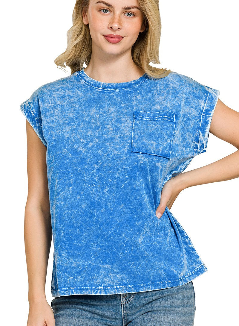 Zenana Full Size Crinkle Washed Round Neck Folded Short Sleeve Tee Plus Size
