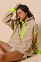 BiBi Womens Sherpa Jacket Neon Green Contrast Edge Half Zip Up Outwear ae25eb07830641b18f03d8939d344e35-Max-Origin Trendsi