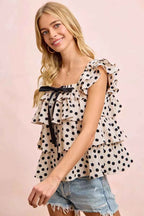 BiBi Polka Dot Ruffled Bow Tied Square Neck Sleeveless Top