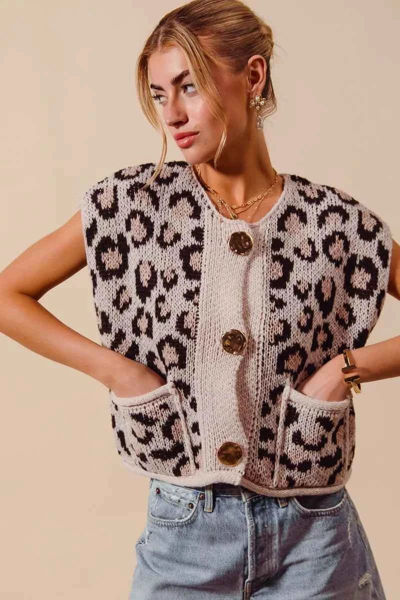 SO ME Big Metal Button Front Leopard Sweater Vest Top
