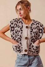 SO ME Big Metal Button Front Leopard Sweater Vest Top