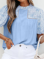 Women's Blouse Light Blue Lace Insert Floral Puff Sleeve Patchwork Loose Top ae2d81a1883b44bc88f826f3768f9929-Max-Origin Trendsi