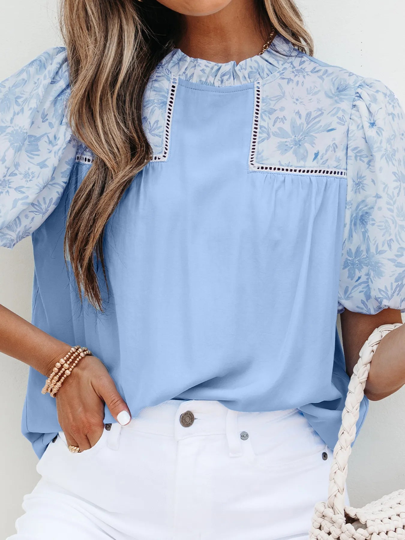 Women's Blouse Light Blue Lace Insert Floral Puff Sleeve Patchwork Loose Top ae2d81a1883b44bc88f826f3768f9929-Max-Origin Trendsi