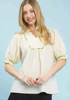 Umgee Women Blouse Ecru Scalloped Trim Top with Puff Short Sleeves ECRU ae36a626-4dd2-4ff8-9c41-30a61b7dc5e3-Max-Origin Trendsi