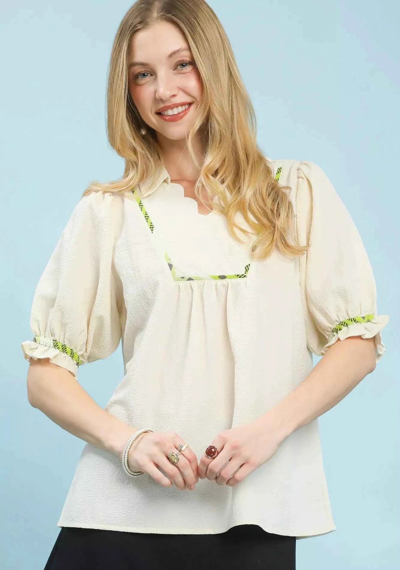 Umgee Women Blouse Ecru Scalloped Trim Top with Puff Short Sleeves ECRU ae36a626-4dd2-4ff8-9c41-30a61b7dc5e3-Max-Origin Trendsi