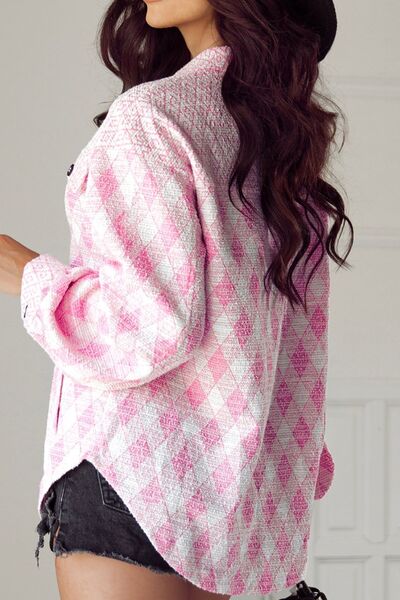 Women's Shacket Pink Geometric Print Textured Flap Pockets Long Sleeve Outwear ae404b8f-1782-447c-8973-53f75442ebe6-Min Trendsi