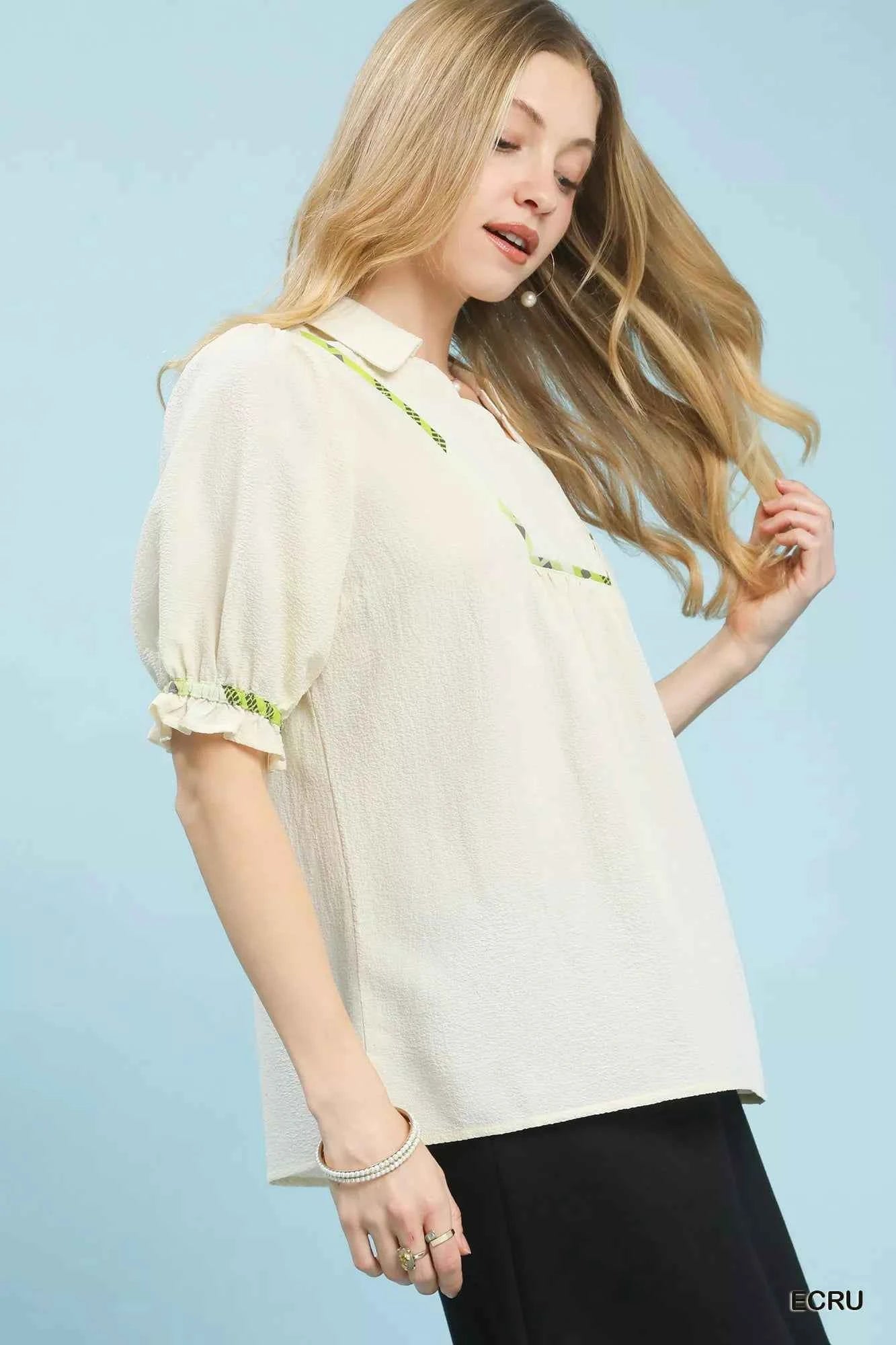 Umgee Women Blouse Ecru Scalloped Trim Top with Puff Short Sleeves ae41ce9c-ba55-4148-b58f-f9f928ea155a-Max-Origin Trendsi