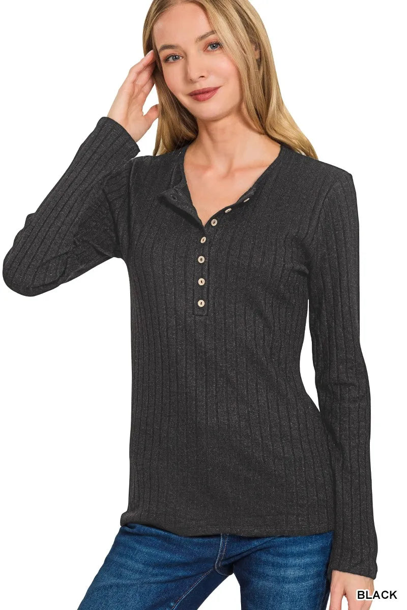 Zenana Black Ribbed Top Long Sleeve Half Button Blouse ae442edda6fd4bd0bc53ba04d9eb6b6c-Max-Origin Trendsi