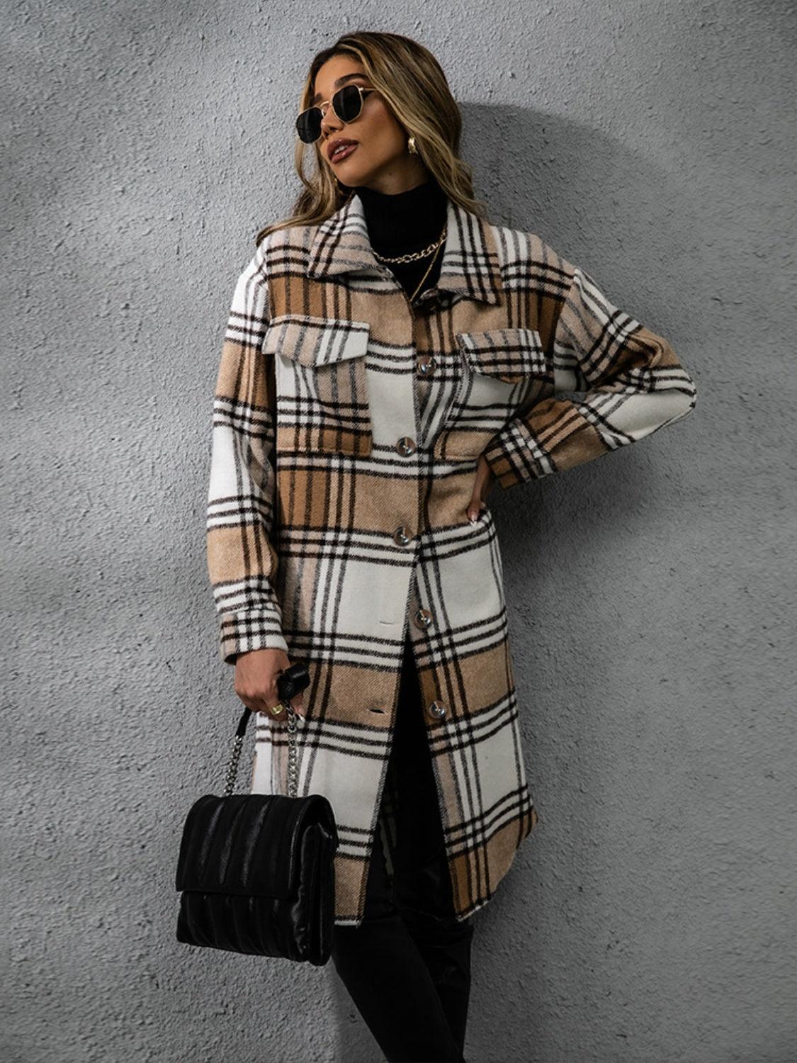 Plaid Coat Collared Neck Long Sleeve Pocketed Outwear ae47122d-9f72-4e24-95e2-b01ad83cf7f0-Max Trendsi