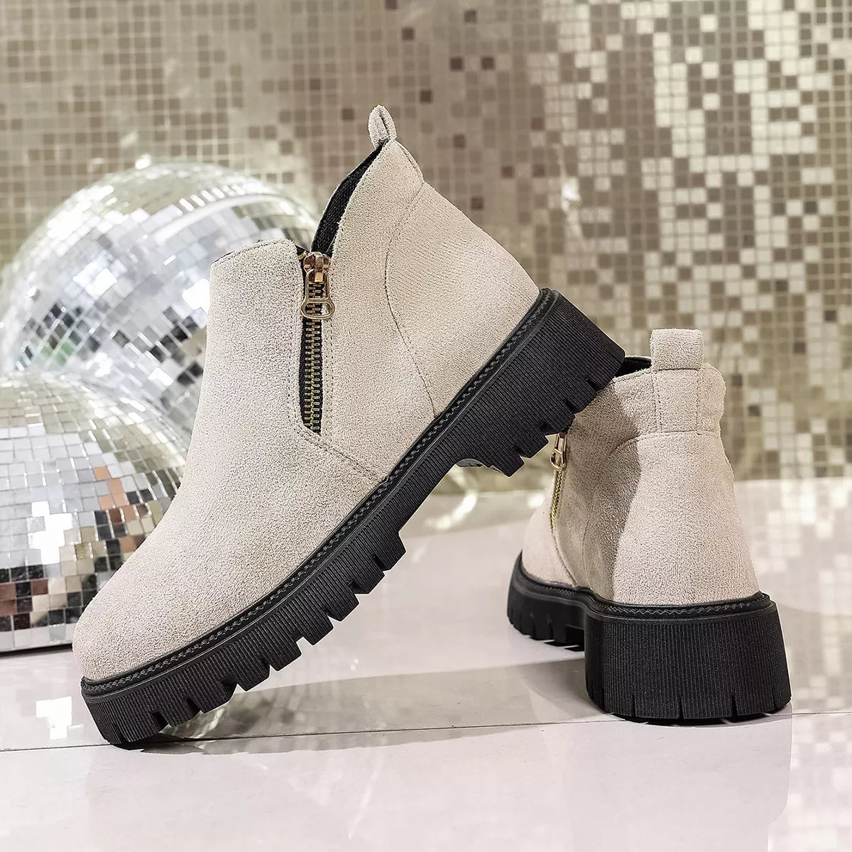 Women's Ankle Boots Faux Suede Round Toe Side Zip Mid Heels Shoes ae4b908ada2445c1a8d826d125163ff2-Max-Origin Trendsi