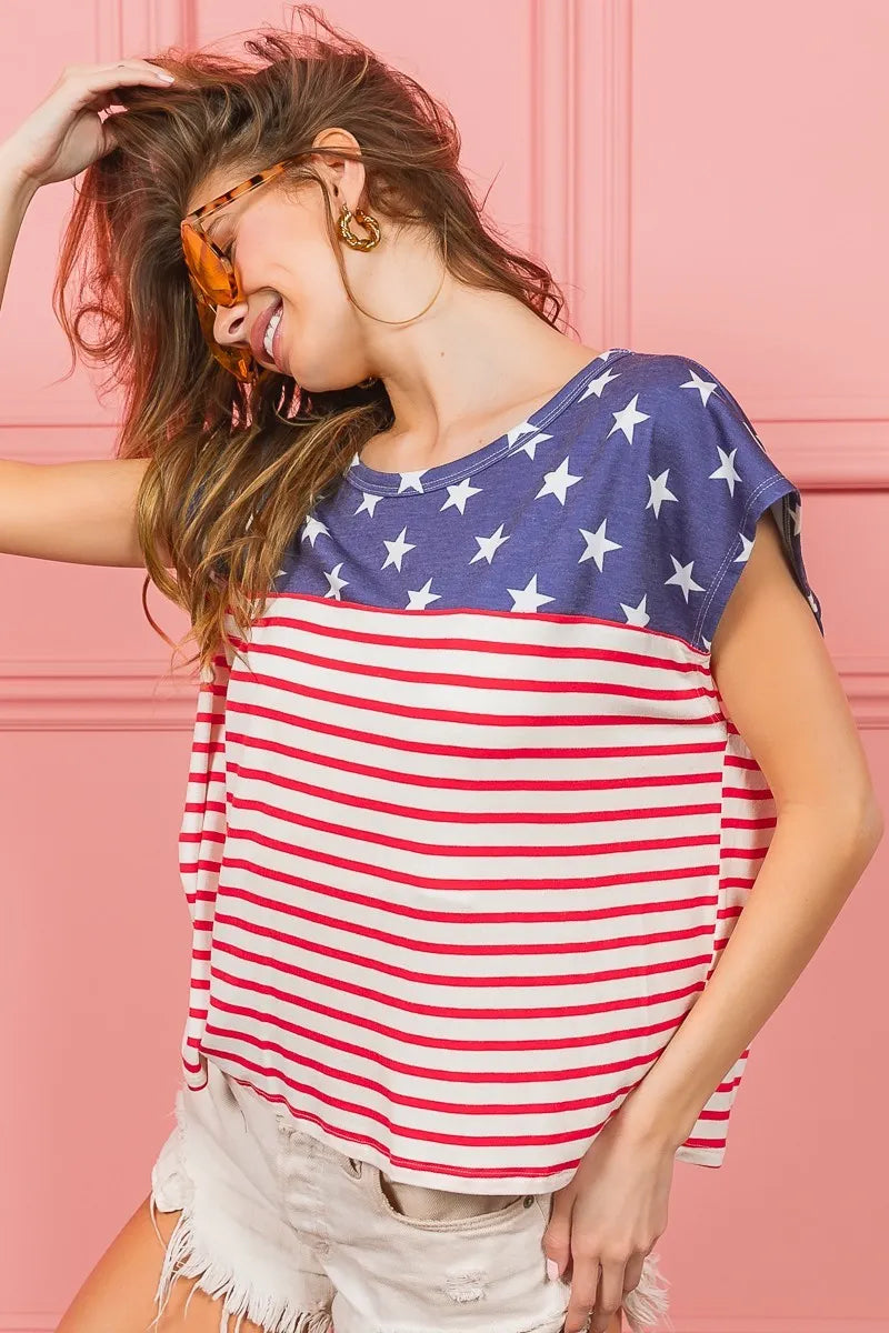 BiBi Cotton T-shirt US Flag Star Rpinted with Stripe Combo Top ae52bd46b0fd49d5966fcddfb613ae06-Max-Origin Trendsi