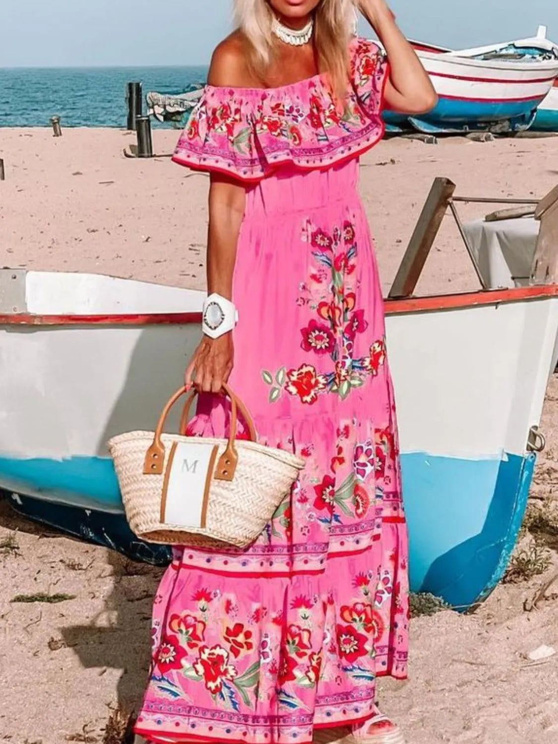 Floral Maxi Dress Off Shoulder Ruffle Belted High Waisted Ruched ae589ba4-1fe9-4c0d-b4e8-db638f351530-Max-Origin Trendsi