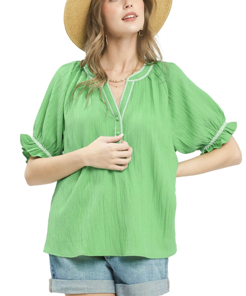Umgee Textured Split Neck Puff Sleeve Top