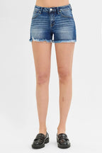 RISEN Denim Shorts Women's Low Rise Frayed Raw Hem Dark Wash ae612781fac94abbaa499cd9239e4d73-Max-Origin Trendsi