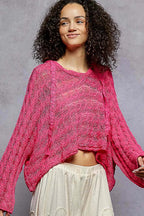 POL womens Knit Top Hot Pink Crochet Cropped Hooded with Full Sleeves ae6c6671-8b92-4149-b301-48363b9e9377-Max-Origin Trendsi