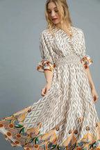 Umgee Midi Dress Ivory Diamond Printed Smocked Waist Flounce Sleeve ae6e49dd-be4a-4b36-bc73-049c361d4811-Max-Origin Trendsi