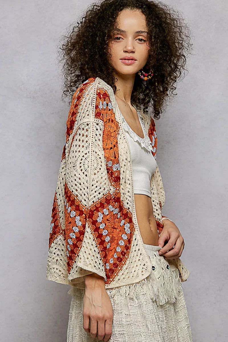 POL Crochet Cardigan Ivory Orange Open Front with Granny Square Pattern ae7dea34-3e78-4e7c-bf47-14545579f3c9-Max-Origin Trendsi