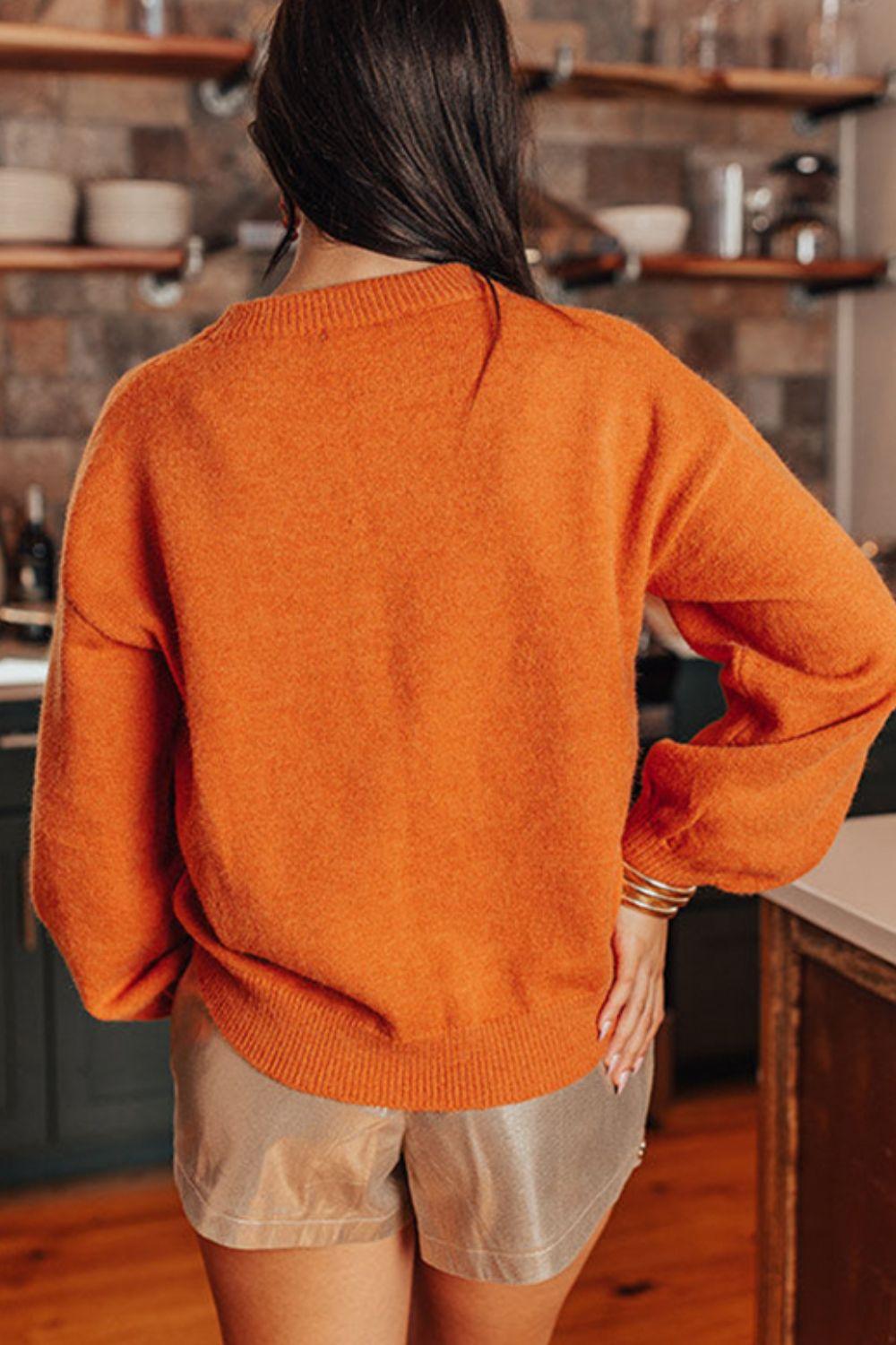 THANKSGIVING Women Sweater Round Neck Long Sleeve Orange Pullover