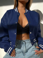 Women's Bomber Jacket Snap Down Stripe Contrast Long Sleeve Outwear ae81ef158d01490f904e1a1159d5f212-Max-Origin Trendsi
