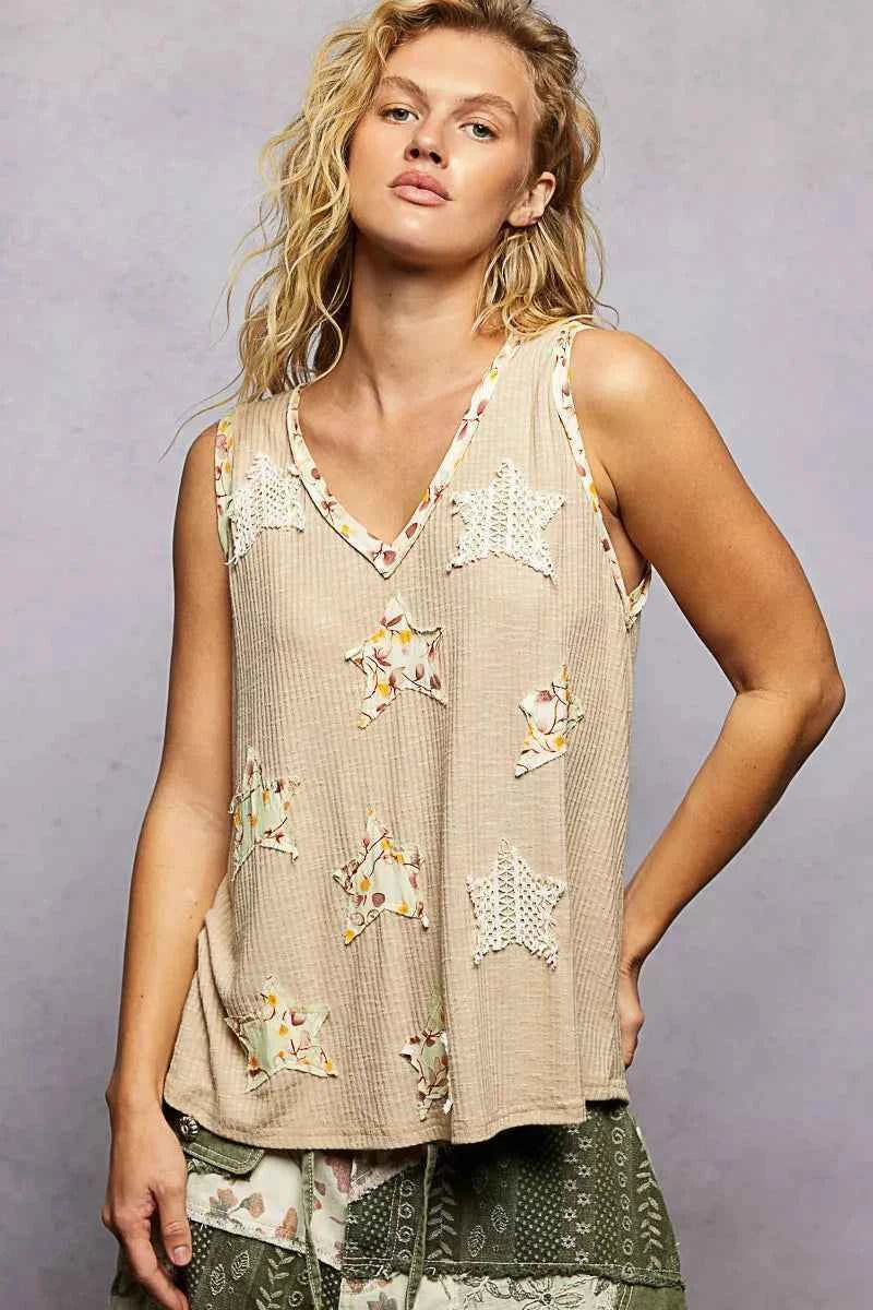 POL Washed Ribbed V-Neck Tank with Floral Print Star Patch