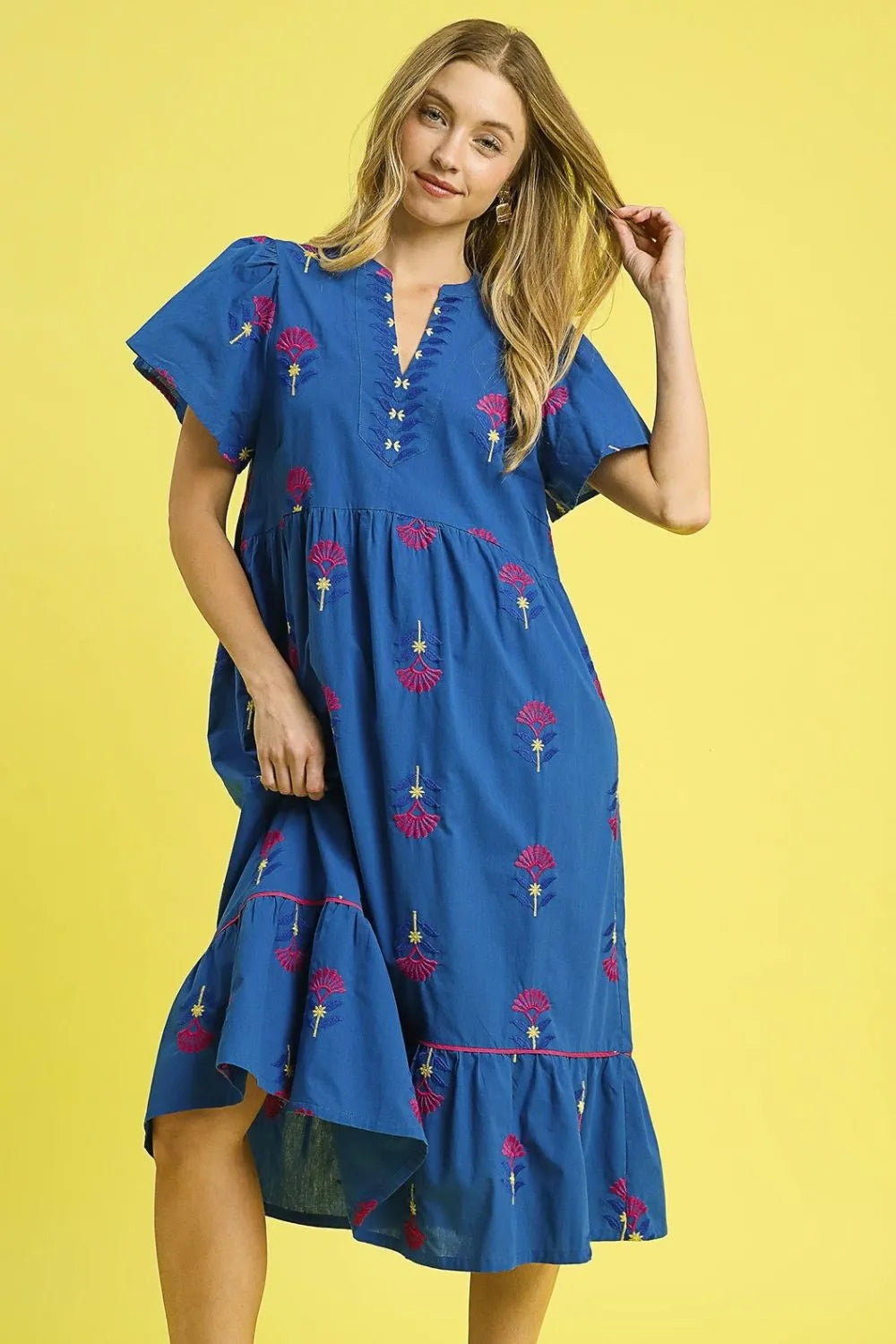 Umgee Midi Dress Dark Blue Flower Embroidered Tiered Ruffle Short Sleeve ae95e60a-ace3-4b6a-b79b-87475af82675-Max-Origin Trendsi
