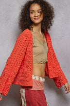 POL Knit Cardigan Neon Orange Open Front with Crochet Patterns ae968718-6e52-4608-ad47-0b866b83a819-Max-Origin Trendsi