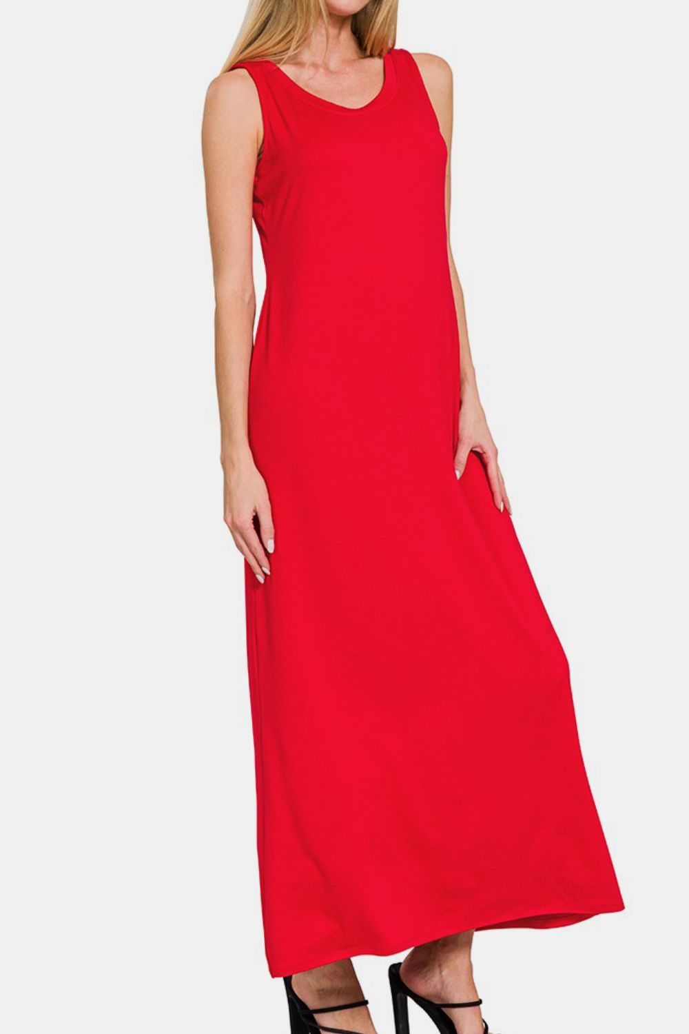 Zenana Red Midi Dress Scoop Neck Wide Strap Tank Solid Long Dress