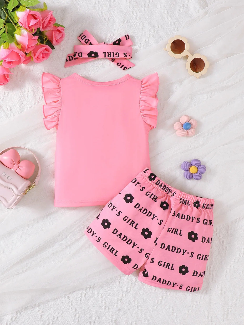 Girl Children's Pink Set Headband Letter Ruffle Sleeve Top and Shorts 3-Piece ae9718c9-ac54-4b66-b453-76467faa432f-Max-Origin Trendsi