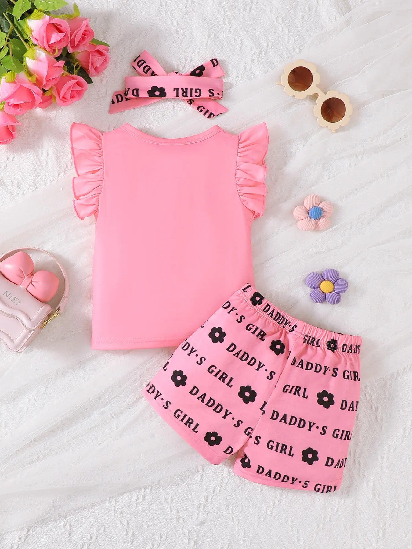 Girl Children's Pink Set Headband Letter Ruffle Sleeve Top and Shorts 3-Piece ae9718c9-ac54-4b66-b453-76467faa432f-Max-Origin Trendsi