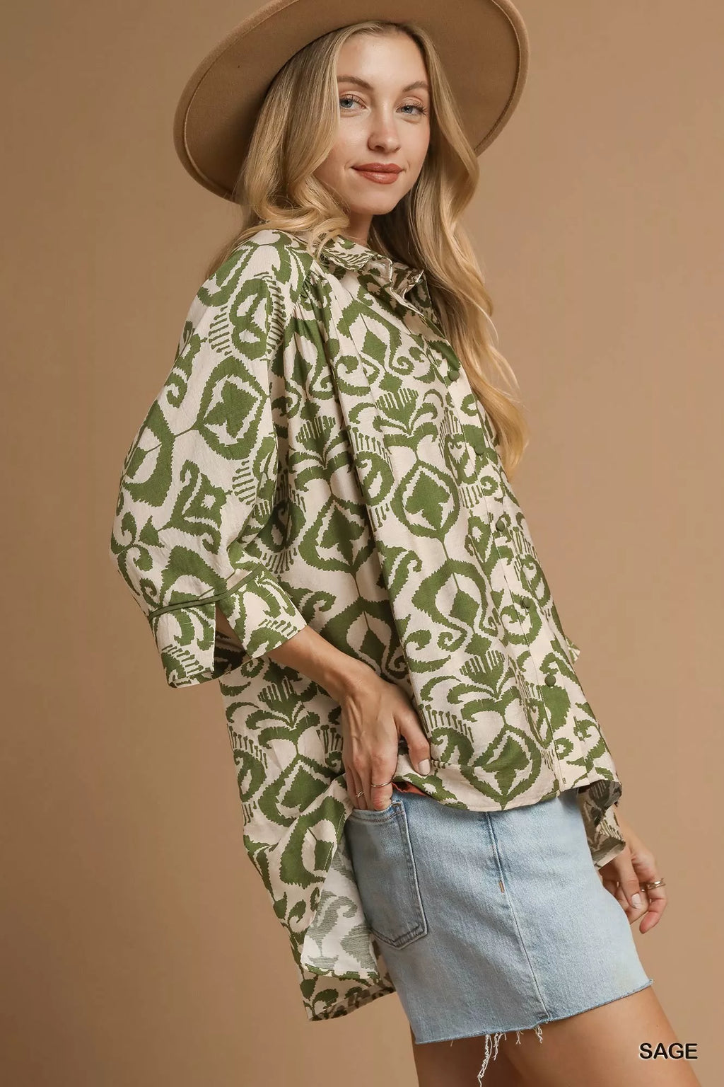Umgee Womens Shirt Sage Green Abstract Print Button-Up Oversized Top aea368ec-d85d-482d-86f9-f8de3c56a691-Max-Origin Trendsi