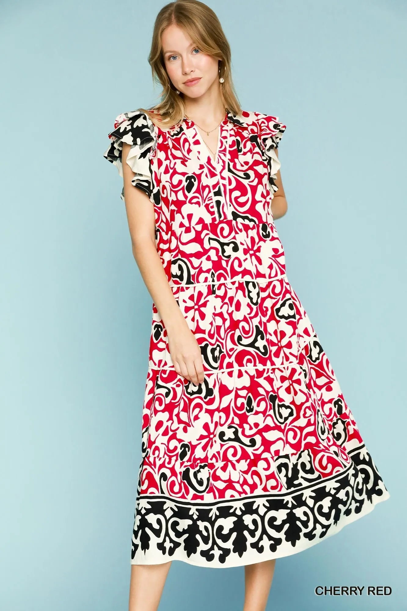 Umgee Midi Dress Red Paisley Printed Ruffled Cap Short Sleeve Tiered CHERRY RED aea65445-af1b-45c1-b477-68c0503c11fa-Max-Origin Trendsi