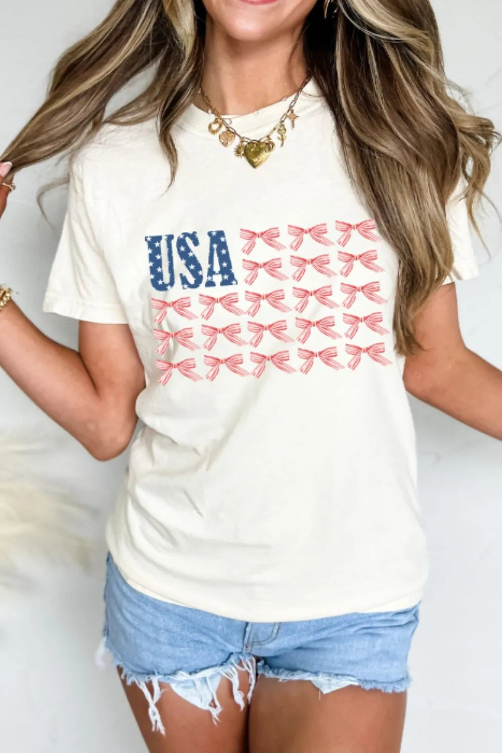 Women's T-shirt USA Flag Bow Knot Print Round Neck White Top Tee aeae1e3d-f3bd-45d6-8a39-11f4c4d20d05-Max-Origin Trendsi