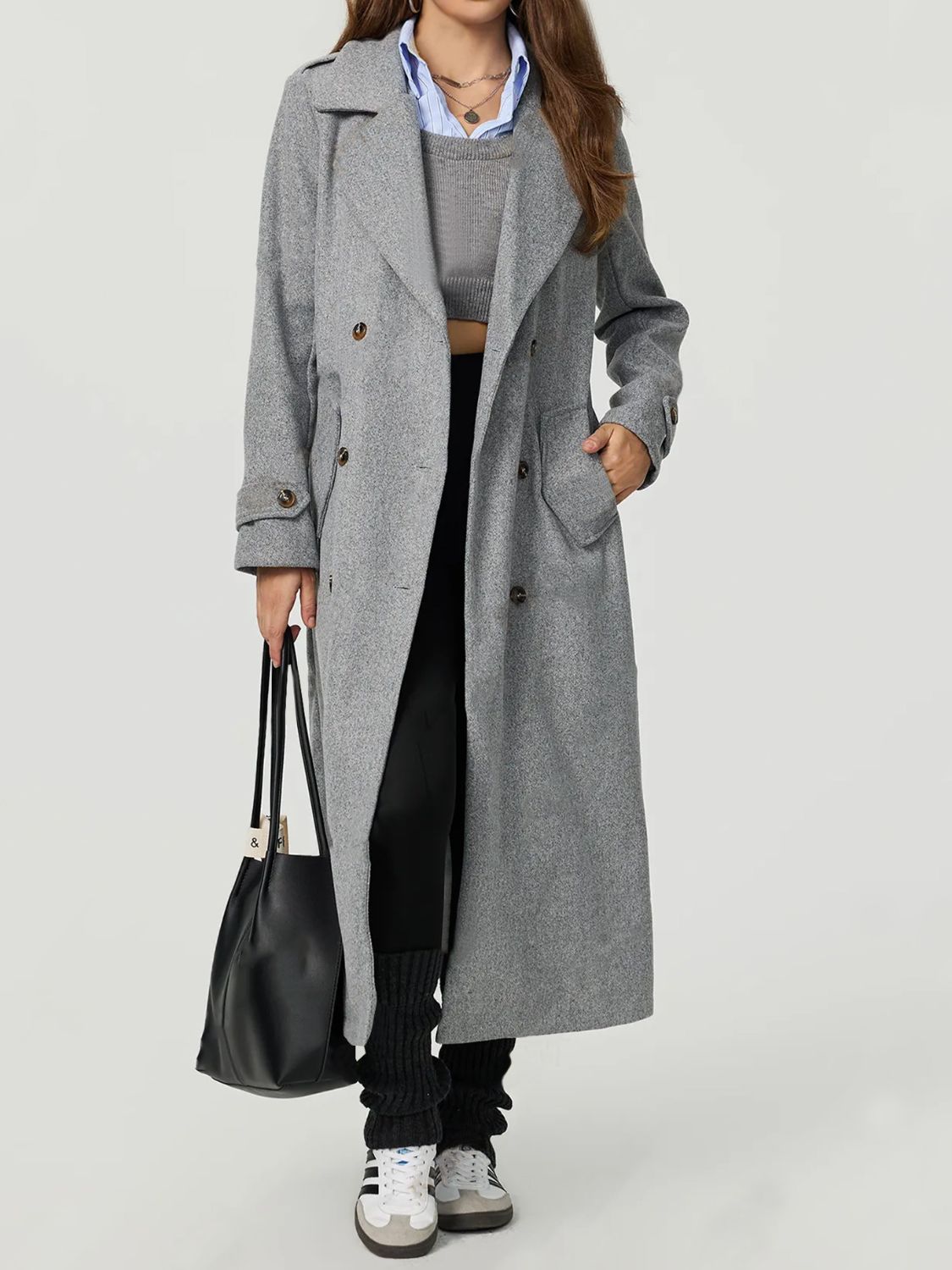 Women Gray Longline Trench Coat Collared Neck Long Sleeve Belted Pocketed