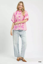 Umgee Womens Blouse Pink Floral Smocked Notched Puff Short Sleeve Top aec18a34-7cb7-42f4-8963-f9cc253aa79c-Max-Origin Trendsi