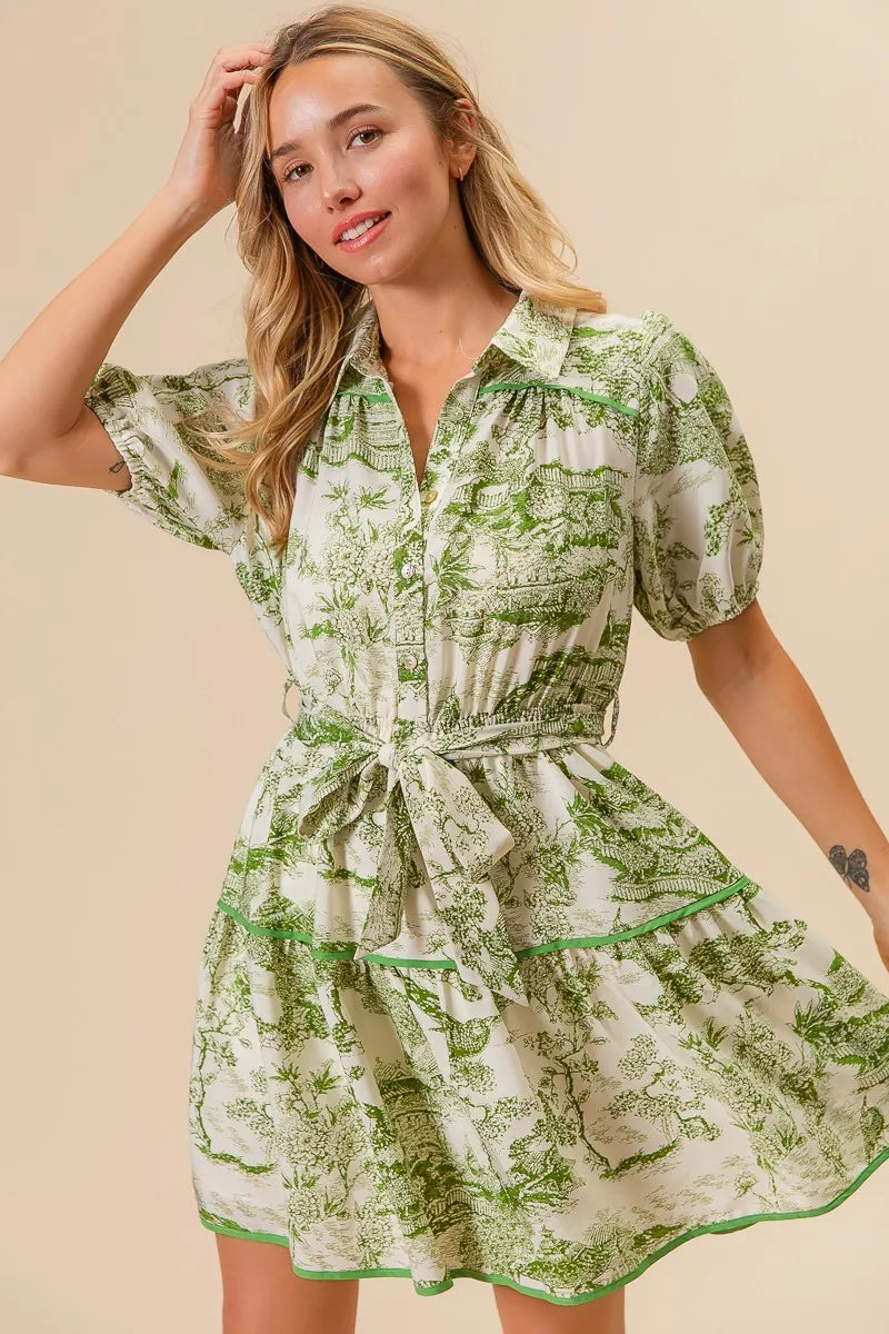 BiBi Mini Shirt Dress Floral Green Printed Tiered Belted Short Sleeve aec675952d1c48c0aec3e719d884f702-Max-Origin Trendsi