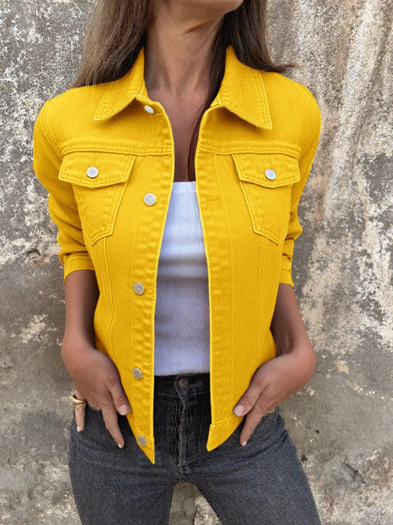 Women's Denim Jacket Short Button Front Long Sleeve with Pockets Yellow aec8bb7e-5258-4177-a516-ab644c15f260-Max-Origin Trendsi