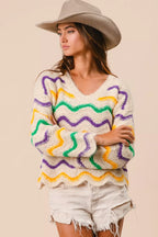 BiBi Womens Sweater Mardi Gras Wavy Stripes V-Neck Open Knit Pullover aed311dad2aa42d6846ed52c6b9b77dd-Max-Origin Trendsi