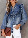 Vintage Wash Denim Ruffle Detail Button Down Shirt