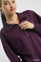 Umgee Women's Sweatshirt Plum Half Zip Collared Drop Shoulder Long Sleeve aeec09a4-67b2-4d36-9488-36e0927ba0dc-Max-Origin Trendsi
