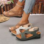 Cutout Wedge Sandals with Mid Heel in PU Leather and Rubber