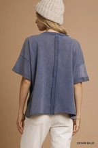 Umgee Womens T-shirt Denim Blue Mineral Wash Round Neck Top Short Sleeve aefb1b94-1a12-44bf-98a8-f561b1b6ae4c-Max-Origin Trendsi