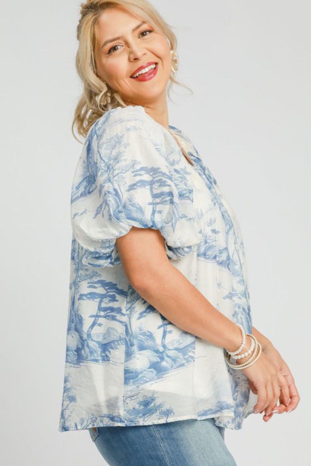 Umgee Blouse Two Tone Light Blue Toile Print Shor Puff Sleeve Top aefc10d6-010a-497a-9b33-df1d33f82ffd-Max Trendsi