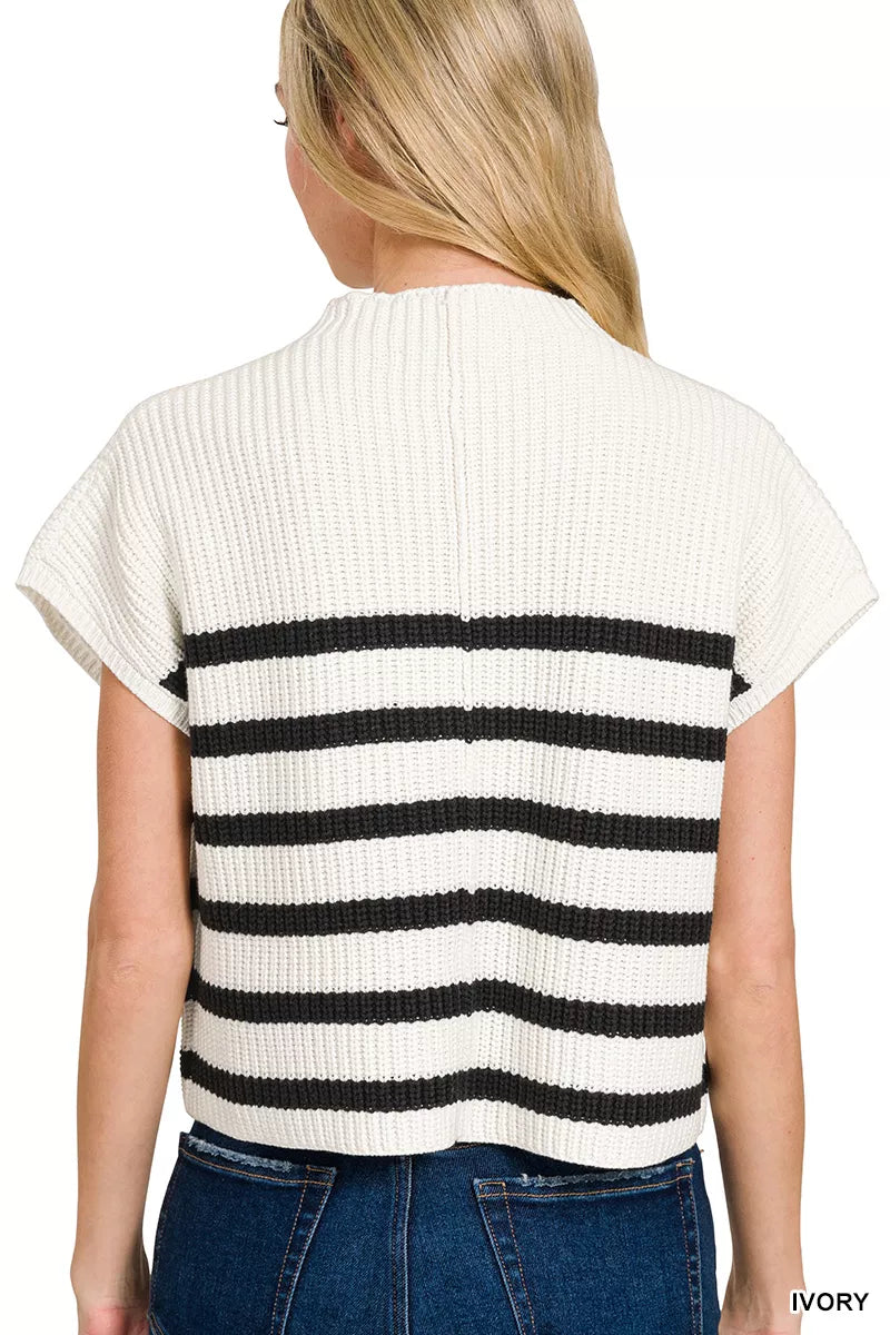 Zenana Womens Sweater Ivory Stripe Short Sleeve Ribbed Pullover with Pocket af012d24-ecd3-43b6-863d-a056f4fcdfbb-Max-Origin Trendsi