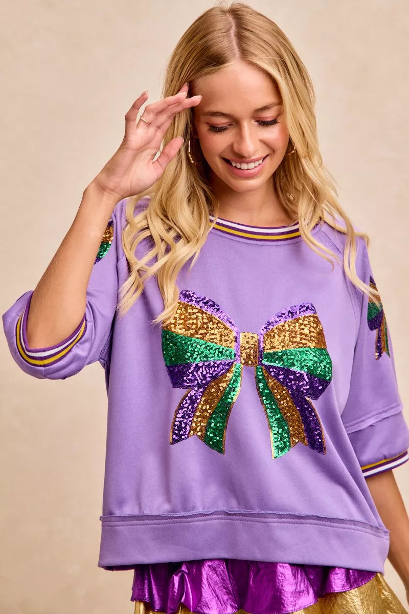 BiBi Womens Blouse Lavender Sequin Patched Ribbon Mardi Gras Theme Top af0be23a3b52405d9fe689dccceb1d67-Max-Origin Trendsi