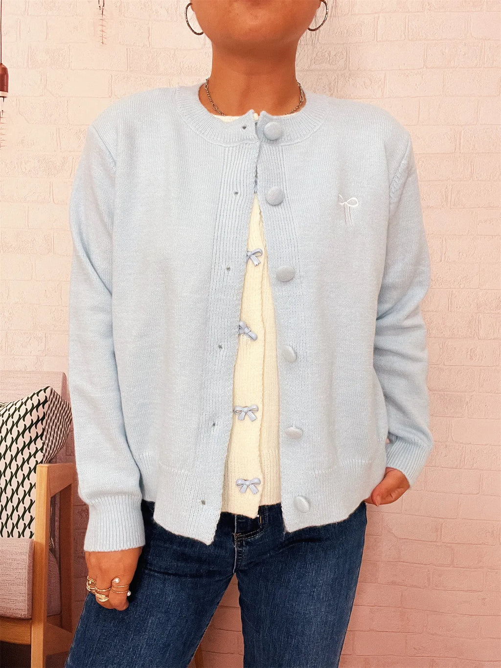 Women's Cardigan Button-Up Long Sleeve Embroidered Knit Blue One Size af0d05a24f4848db9b09bb608547696a-Max-Origin Trendsi